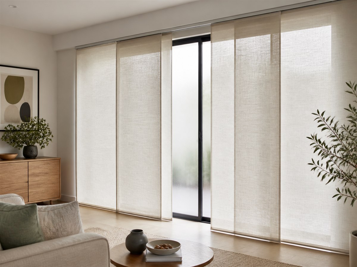 Wide fabric panel glides across a sliding door