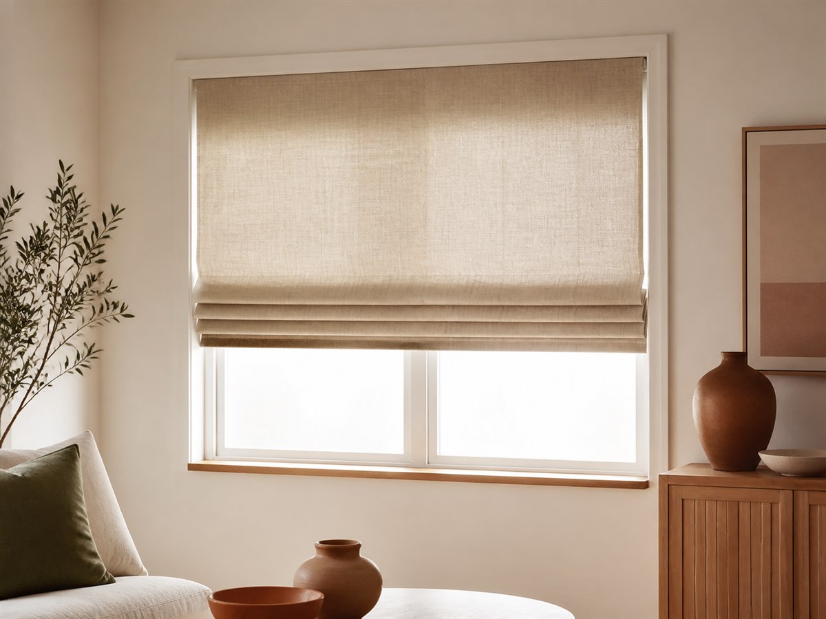 Textured Roman blind with neat horizontal folds